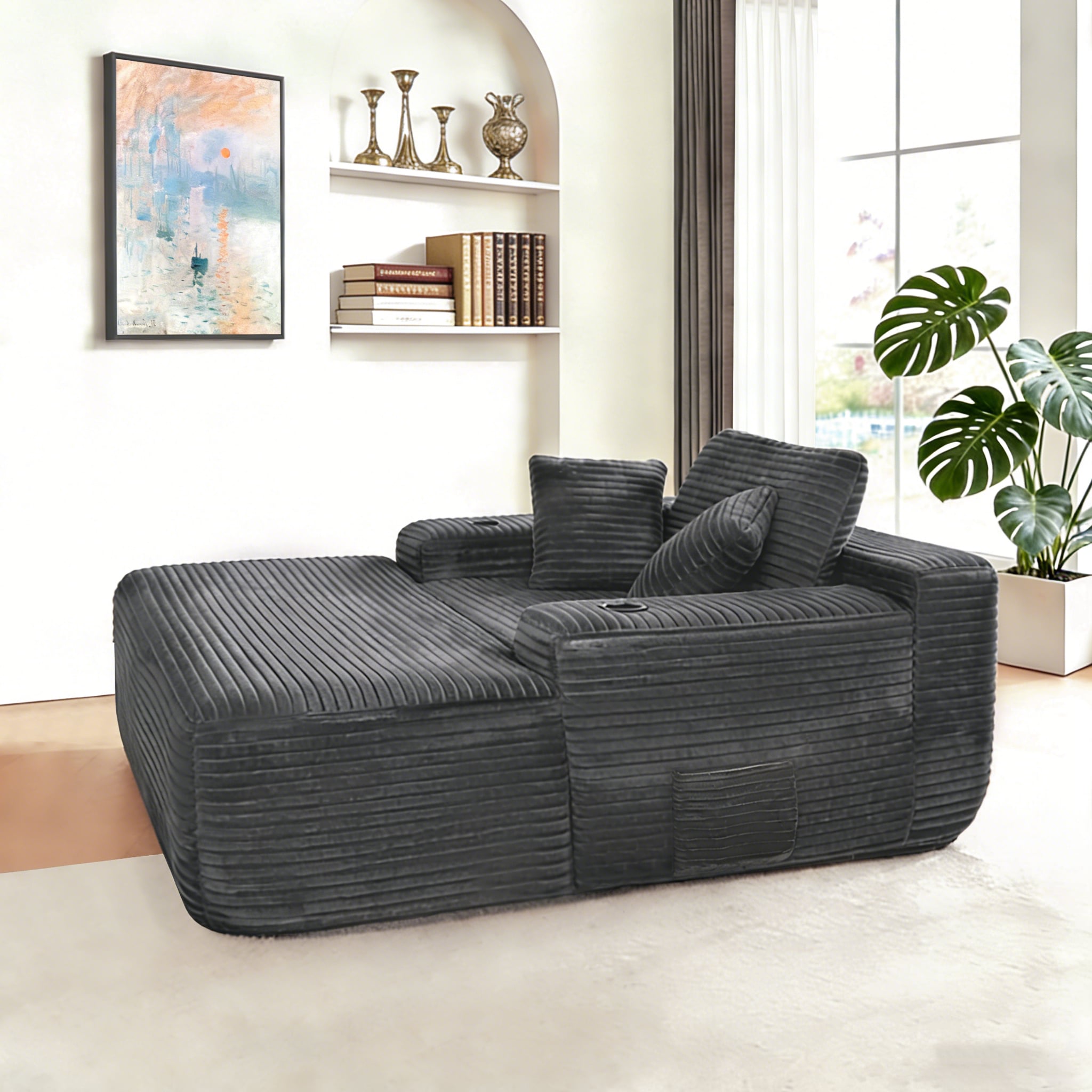 NEW Convertible Chaise Lounge Chair Plush With Wide Armrest & Throw Pillows, Cozy Boneless Sleeper Sofa Bed Armchair, With Cup Holder,for Living Room, Bedroom, No Assembly Required,GREY_voghion.com